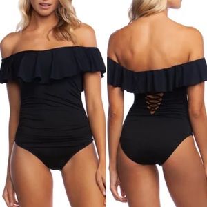 La Blanca NWT Island Goddess Off Shoulder Ruffle One Piece Swimsuit black solid